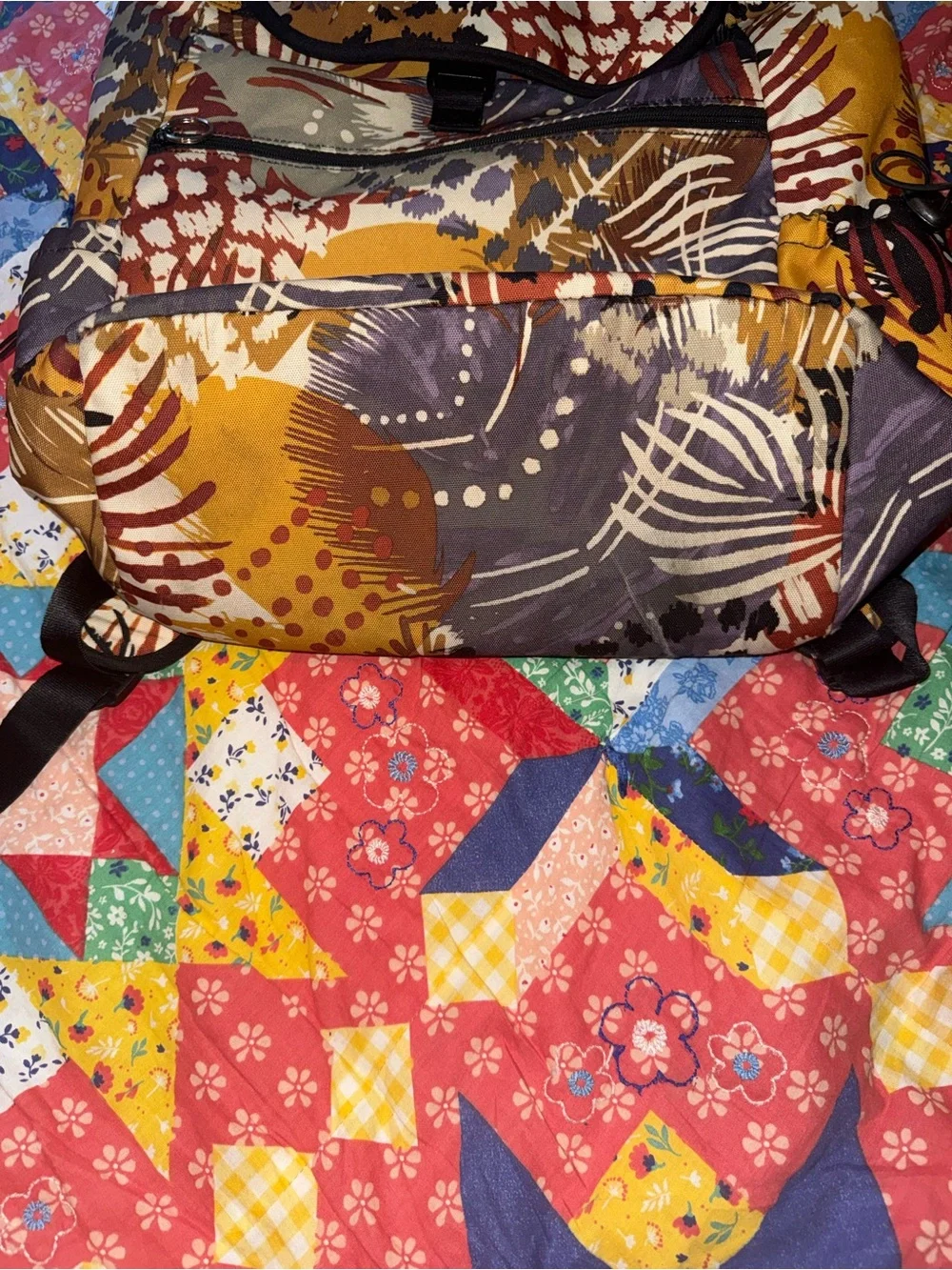 Vera Bradley Mustard Purple Rust Multi-Leaf Print Backpack